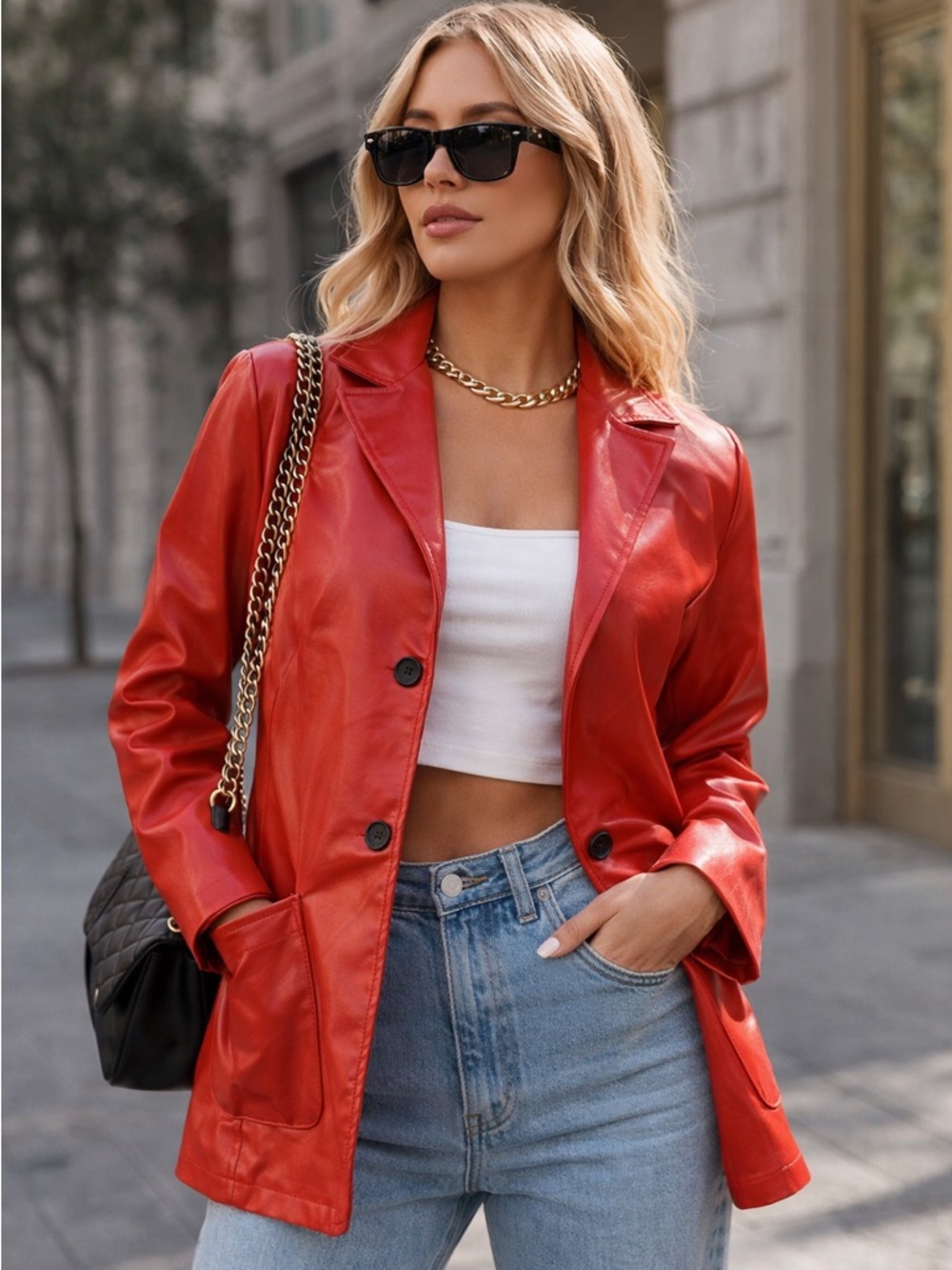Vegan Leather Blazer Jacket in Bright Red Women’s XL